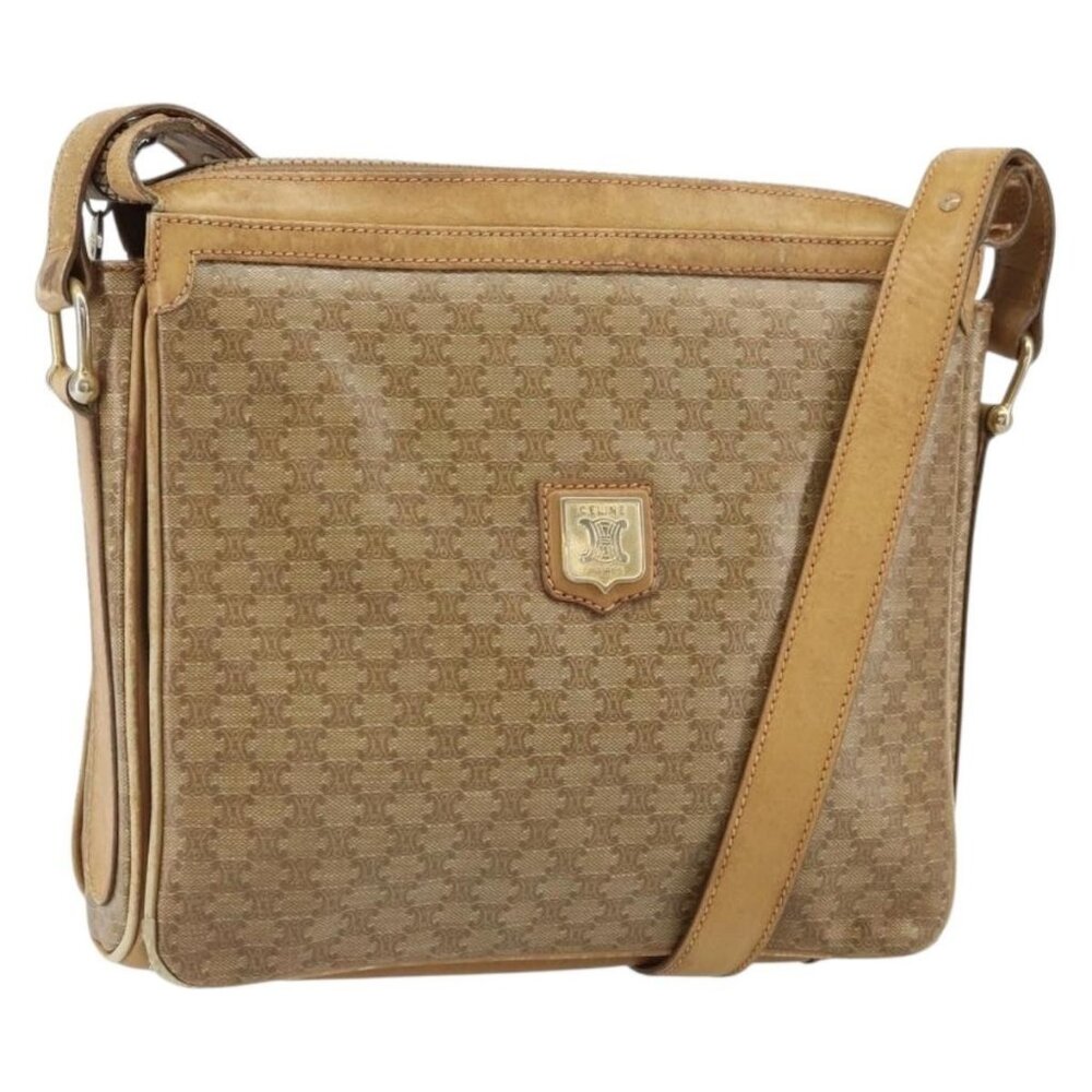 Authentic CELINE Macadam Canvas Shoulder Bag PVC Beige Gold